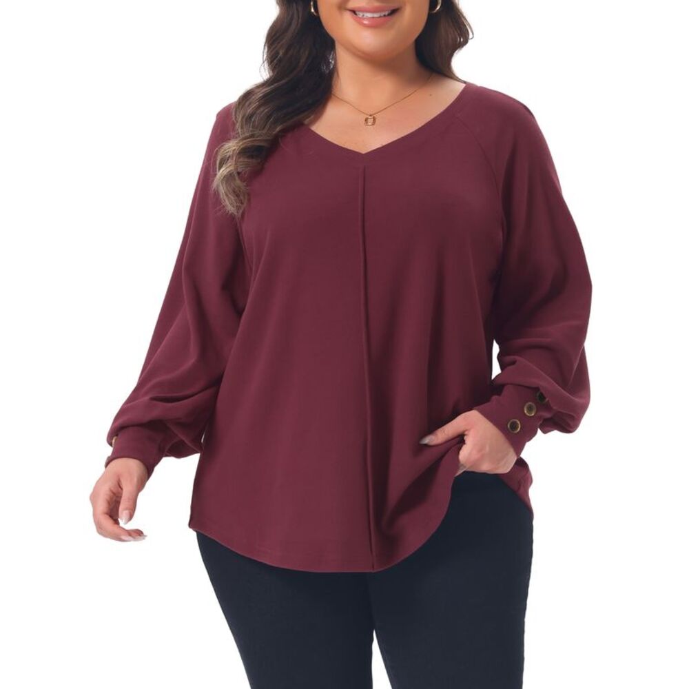 Women's Plus Size Pleated Long Sleeve Button Cuff Blouse Red